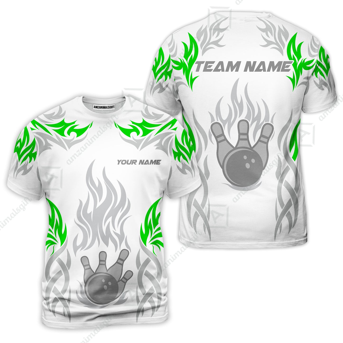 Personalized Bowling Team T-Shirt, Tribal And Bowling Flame Multi Option Customized Shirt - White