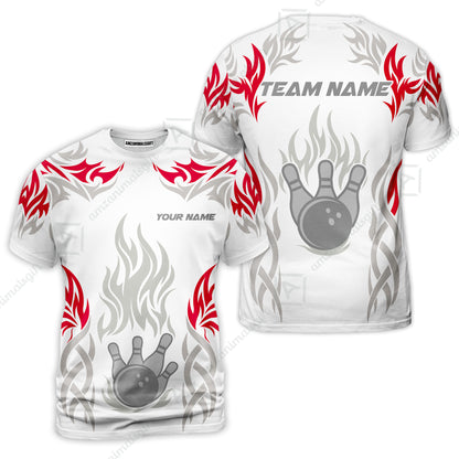 Personalized Bowling Team T-Shirt, Tribal And Bowling Flame Multi Option Customized Shirt - White