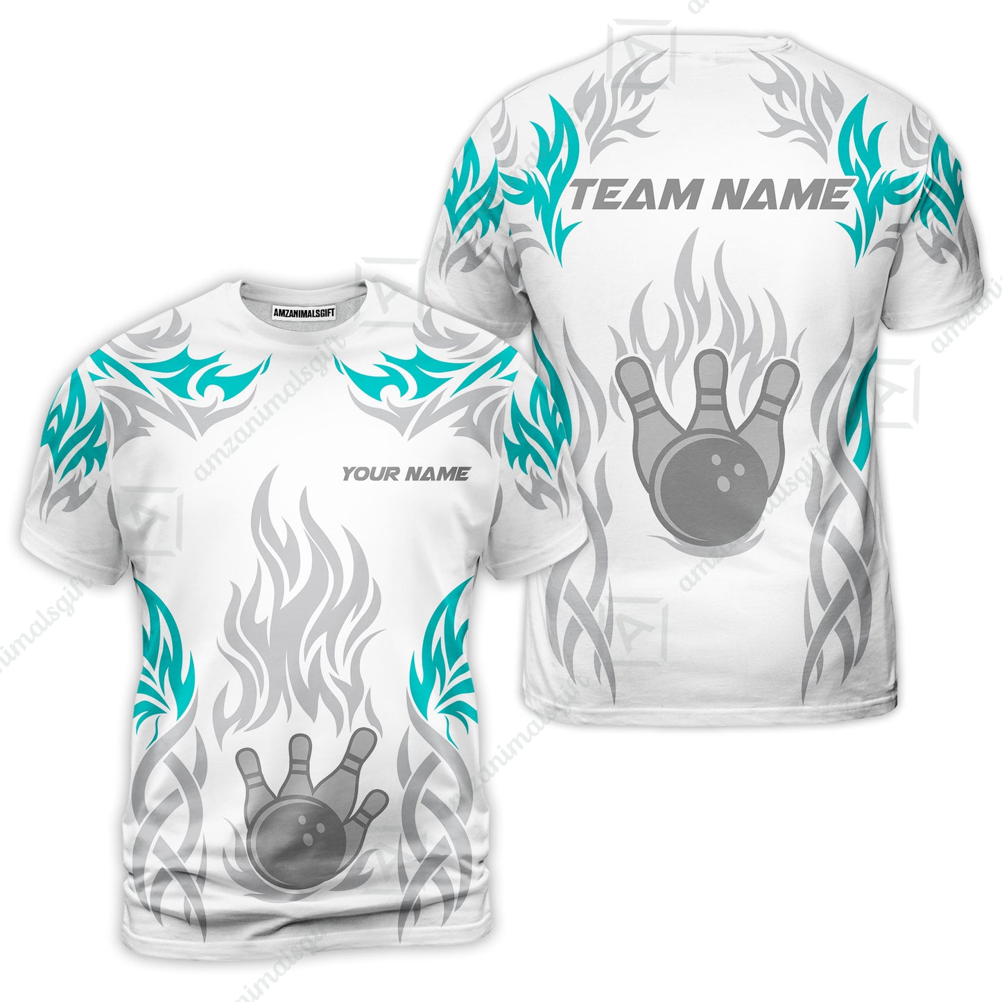 Personalized Bowling Team T-Shirt, Tribal And Bowling Flame Multi Option Customized Shirt - White