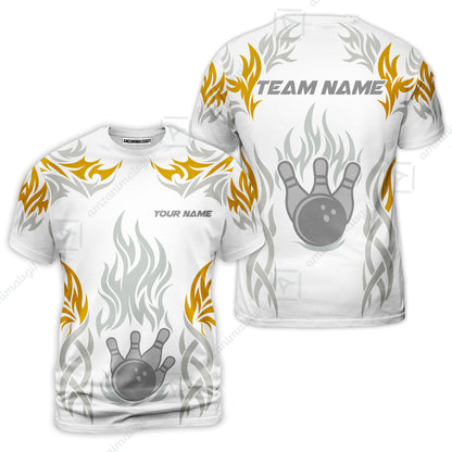 Personalized Bowling Team T-Shirt, Tribal And Bowling Flame Multi Option Customized Shirt - White