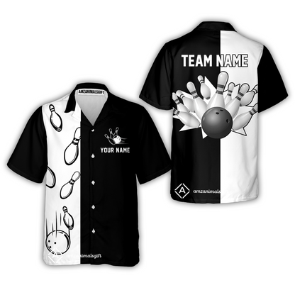 Personalized Bowling Team  Button Up Shirt, Custom Name Black And White Retro Vintage Bowling Hawaiian Shirt For Bowlers
