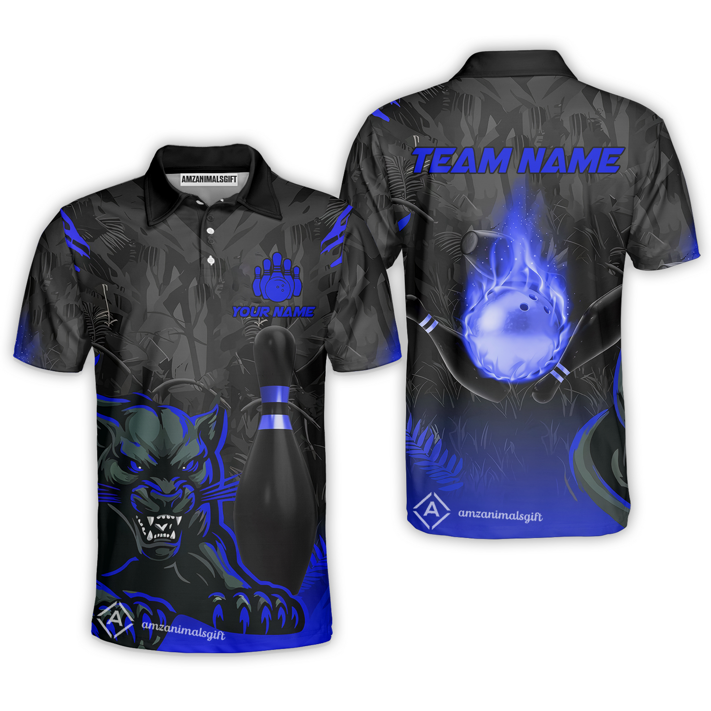 Personalized Bowling Team Polo Shirt With Black Panther And Pin, Custom Name And Team Name For Bowlers