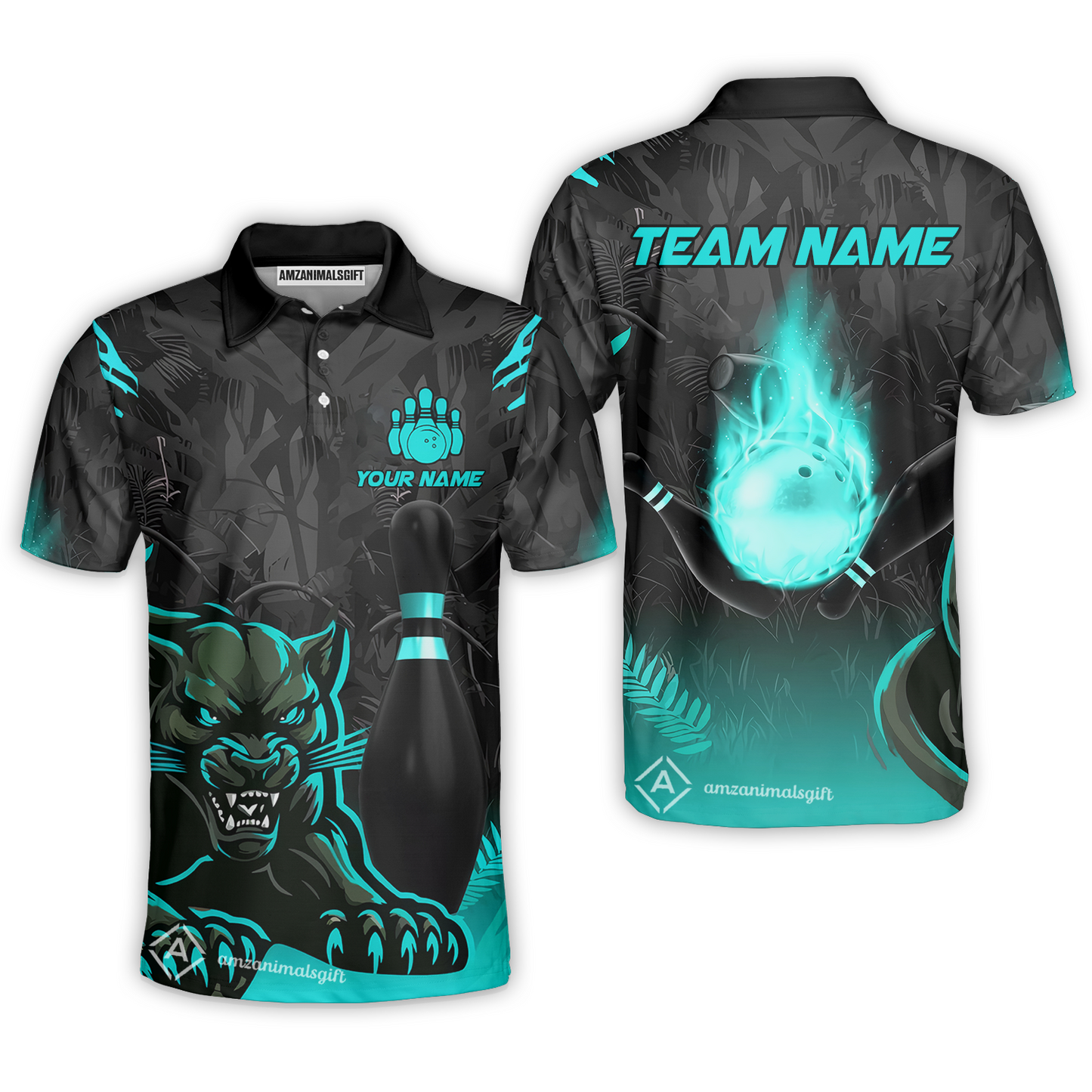 Personalized Bowling Team Polo Shirt With Black Panther And Pin, Custom Name And Team Name For Bowlers