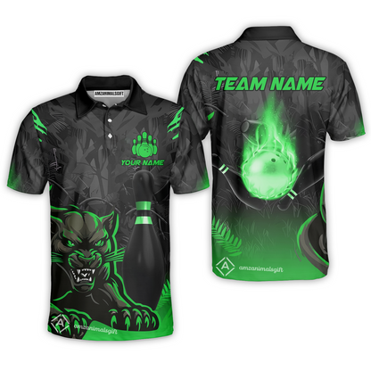 Personalized Bowling Team Polo Shirt With Black Panther And Pin, Custom Name And Team Name For Bowlers
