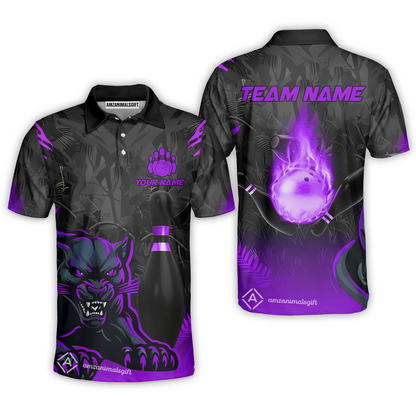 Personalized Bowling Team Polo Shirt With Black Panther And Pin, Custom Name And Team Name For Bowlers