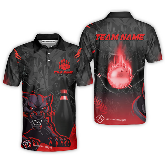 Personalized Bowling Team Polo Shirt With Black Panther And Pin, Custom Name And Team Name For Bowlers