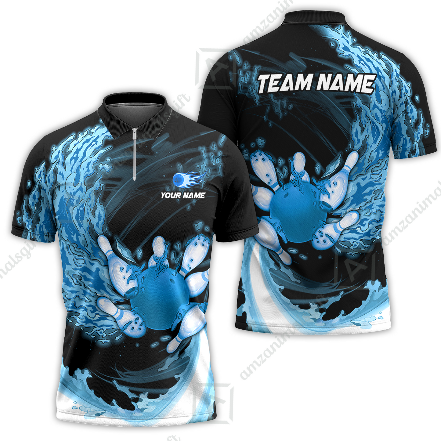 Personalized Bowling Team Quarter-Zip Polo Shirt Breath Of Flaming Bowling Ball & Pins Custom Name And Team Name For Bowlers