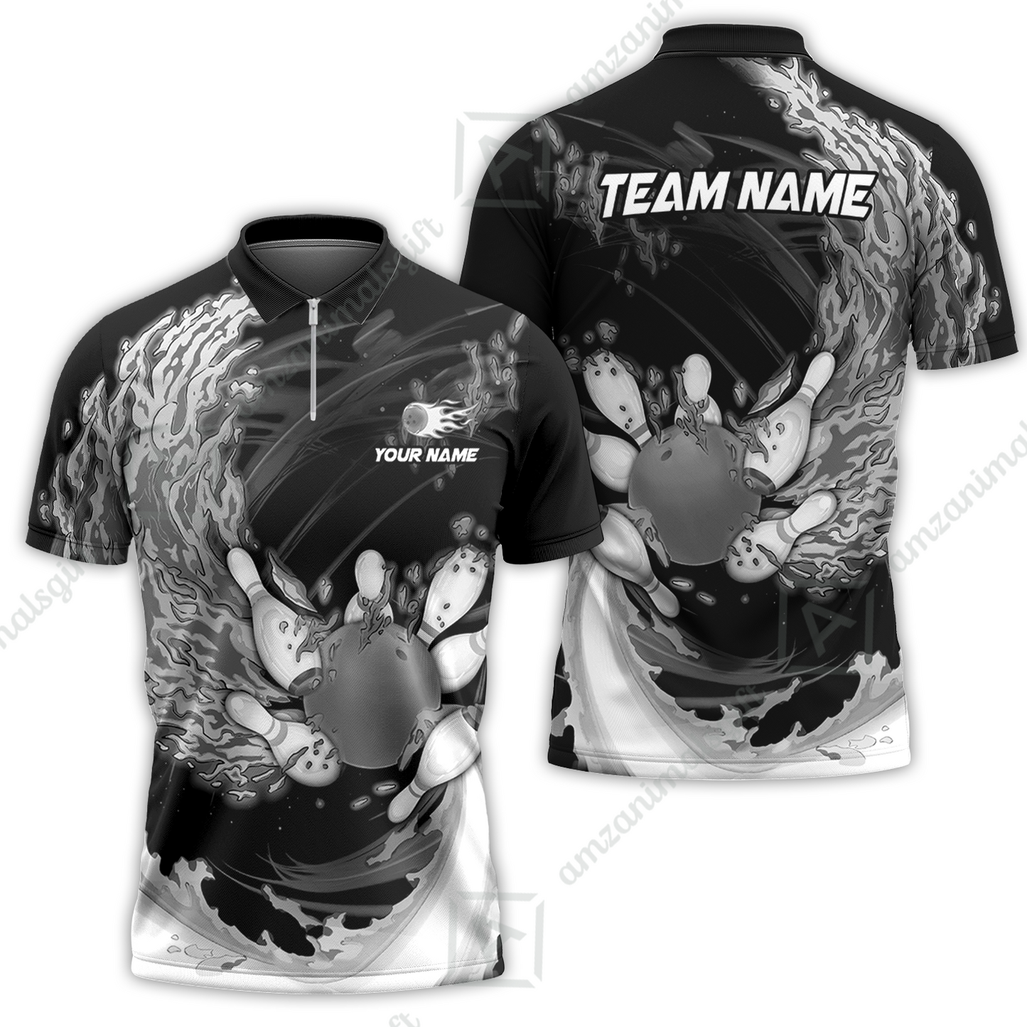 Personalized Bowling Team Quarter-Zip Polo Shirt Breath Of Flaming Bowling Ball & Pins Custom Name And Team Name For Bowlers