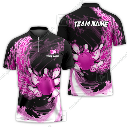Personalized Bowling Team Quarter-Zip Polo Shirt Breath Of Flaming Bowling Ball & Pins Custom Name And Team Name For Bowlers