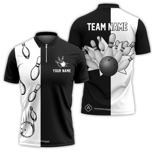 Personalized Bowling Team Quarter-Zip Polo Shirt, Custom Name Black And White Retro Vintage Bowling Shirt For Bowlers
