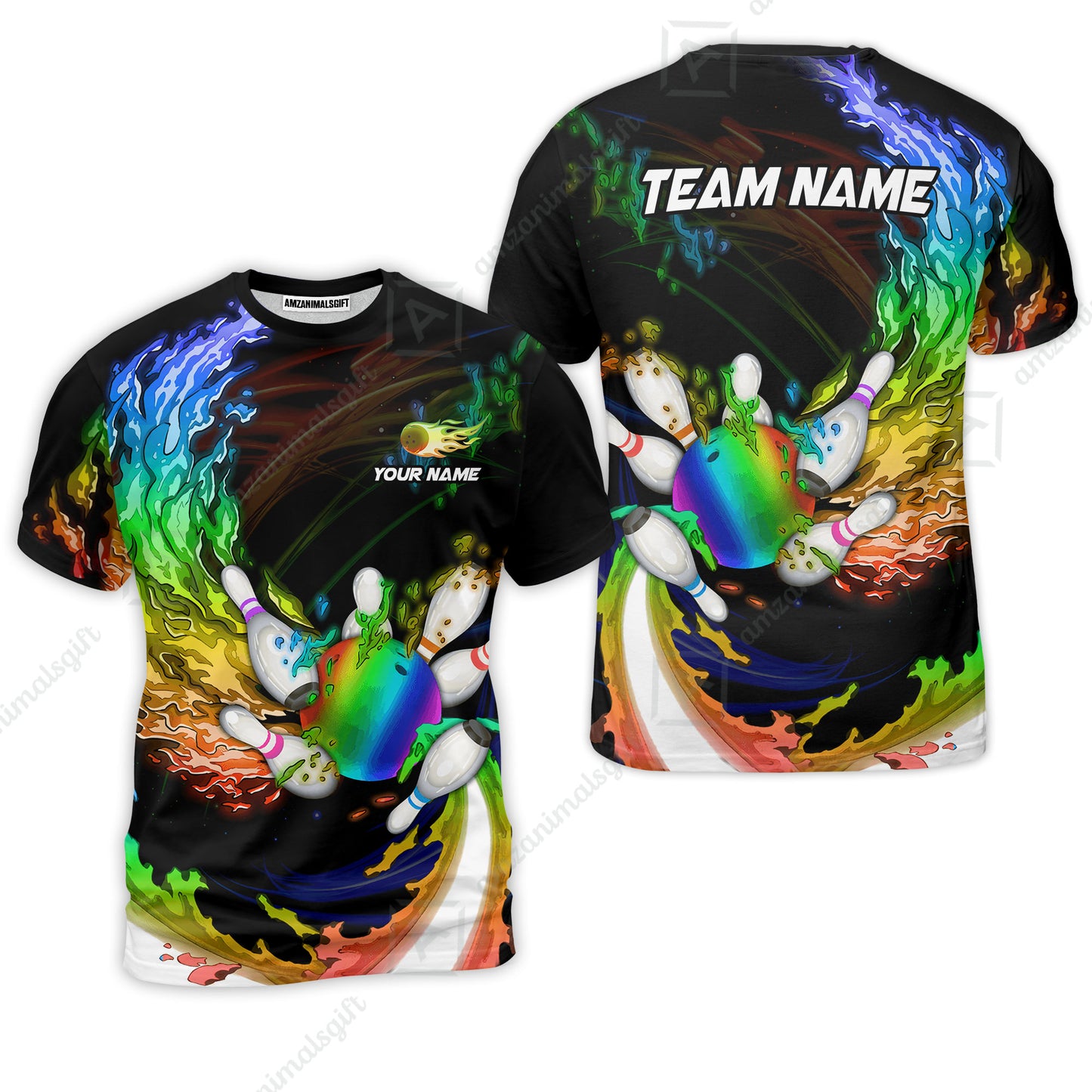 Personalized Bowling Team T-Shirt Breath Of Flaming Bowling Ball And Pins Multicolor Custom Name, Team Name For Bowlers
