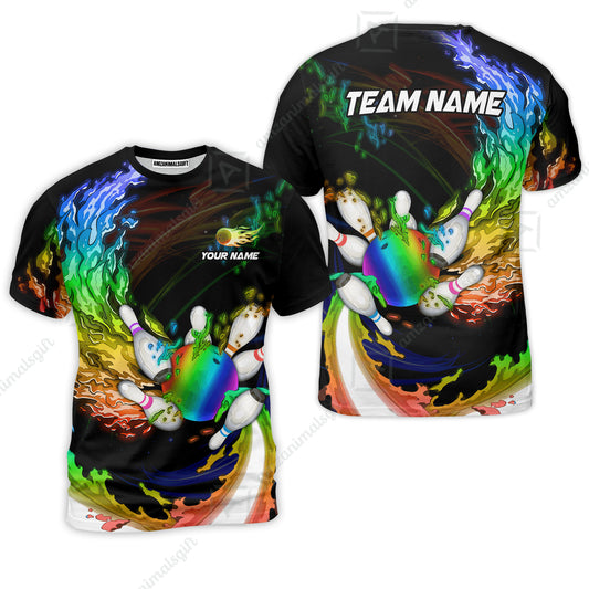 Personalized Bowling Team T-Shirt Breath Of Flaming Bowling Ball And Pins Multicolor Custom Name, Team Name For Bowlers
