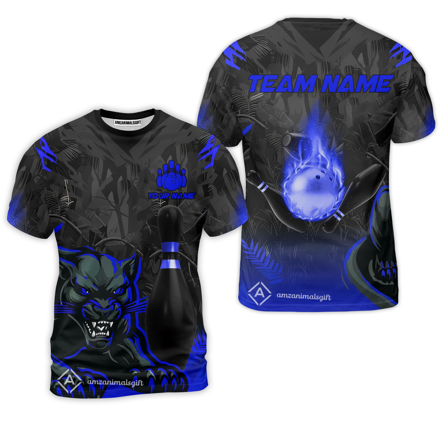 Personalized Bowling Team T-Shirt With Black Panther And Pin, Custom Name And Team Name For Bowlers