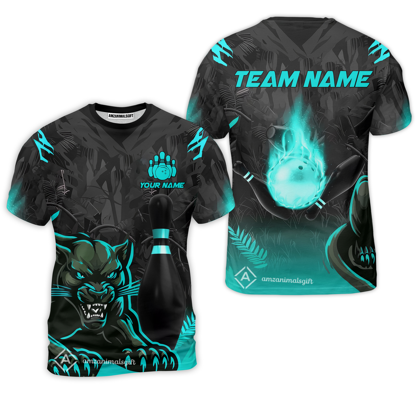 Personalized Bowling Team T-Shirt With Black Panther And Pin, Custom Name And Team Name For Bowlers