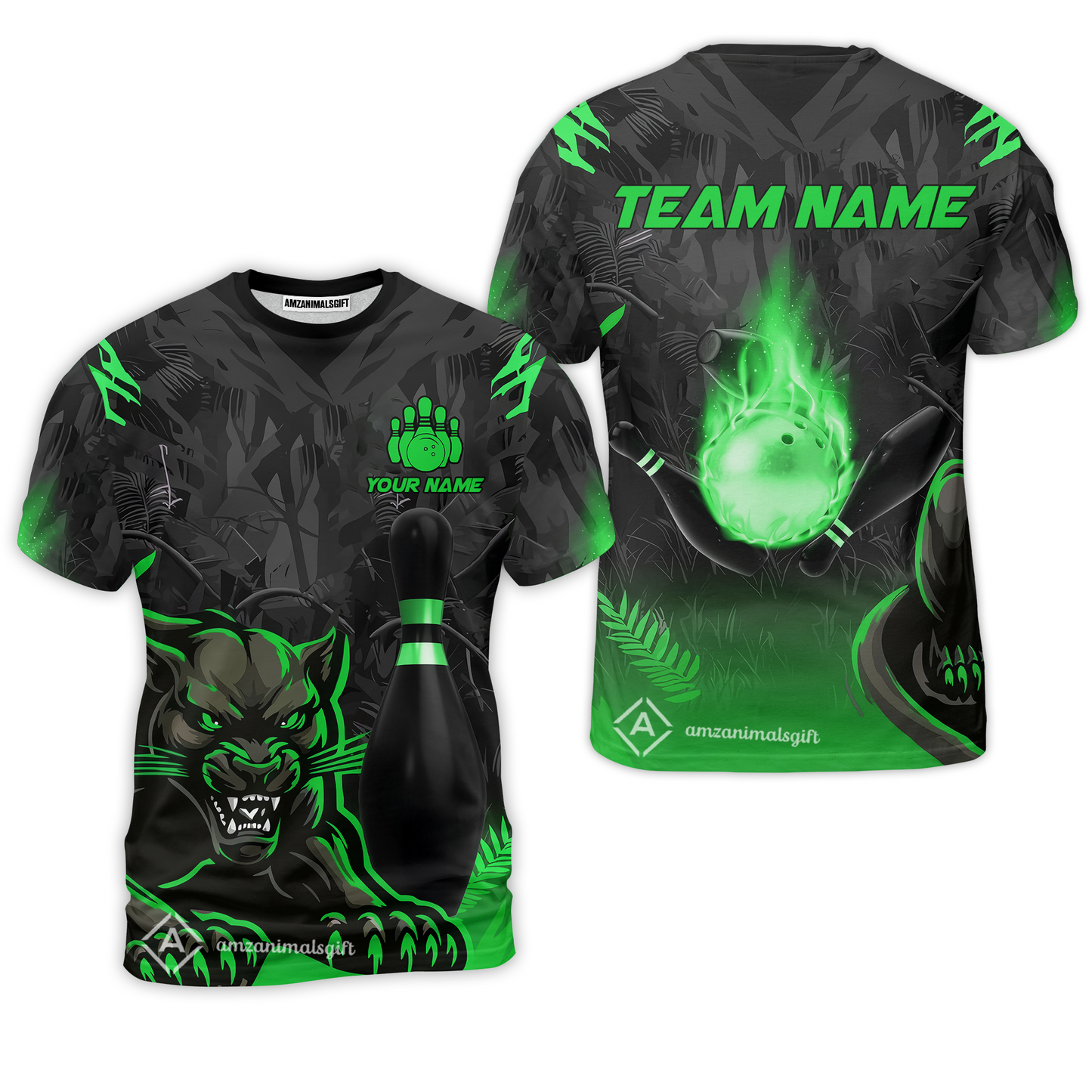 Personalized Bowling Team T-Shirt With Black Panther And Pin, Custom Name And Team Name For Bowlers