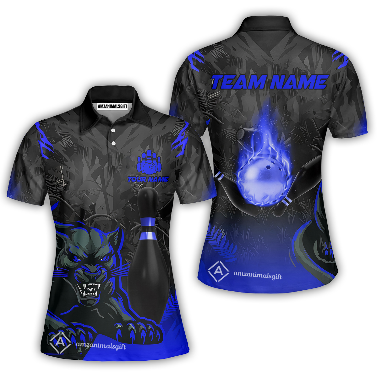 Personalized Bowling Team Women Polo Shirt With Black Panther And Pin, Custom Name And Team Name For Bowlers