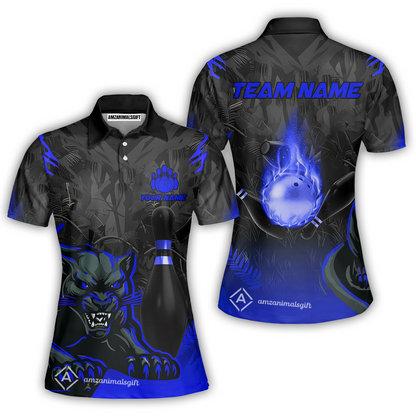 Personalized Bowling Team Women Polo Shirt With Black Panther And Pin, Custom Name And Team Name For Bowlers