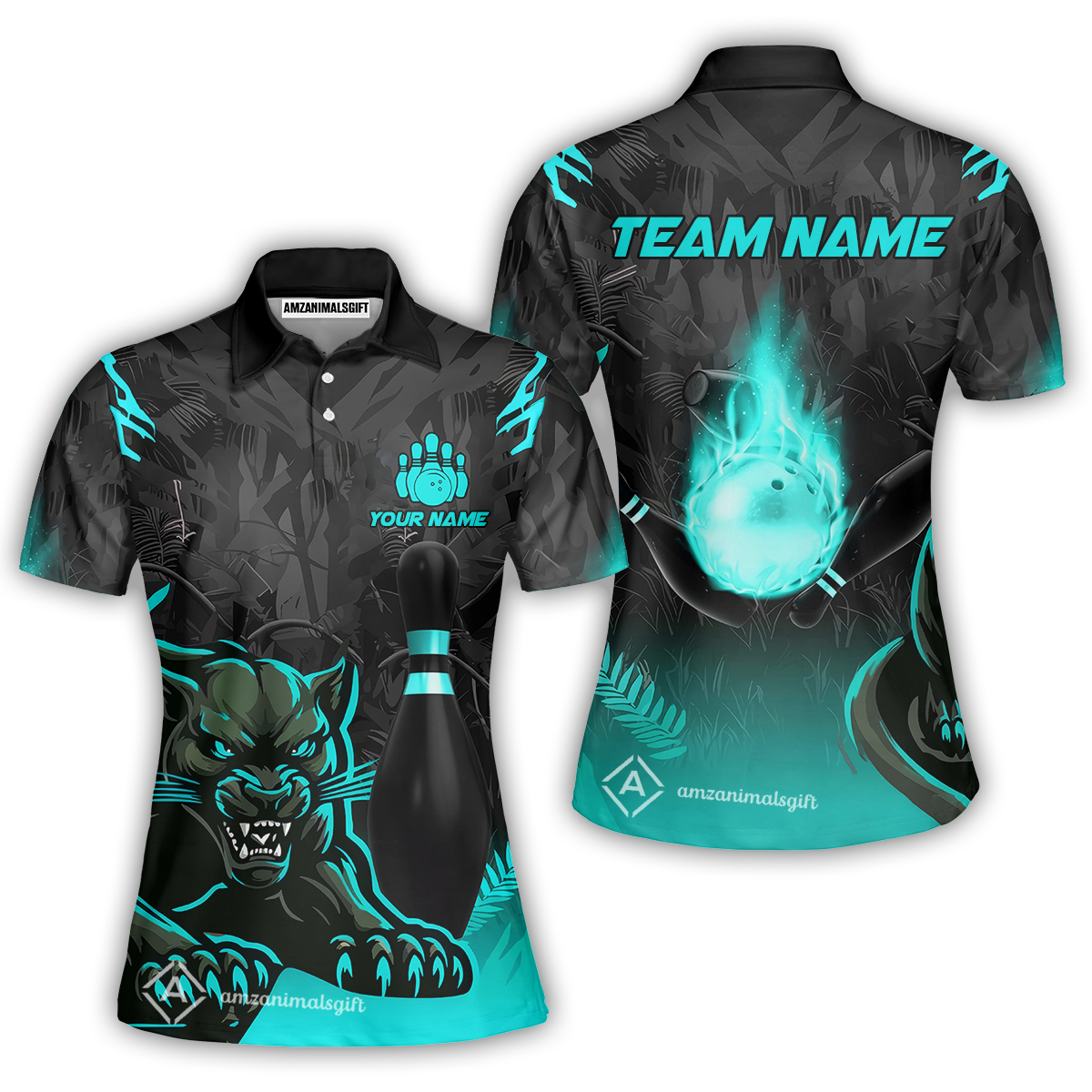Personalized Bowling Team Women Polo Shirt With Black Panther And Pin, Custom Name And Team Name For Bowlers