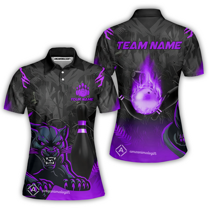 Personalized Bowling Team Women Polo Shirt With Black Panther And Pin, Custom Name And Team Name For Bowlers