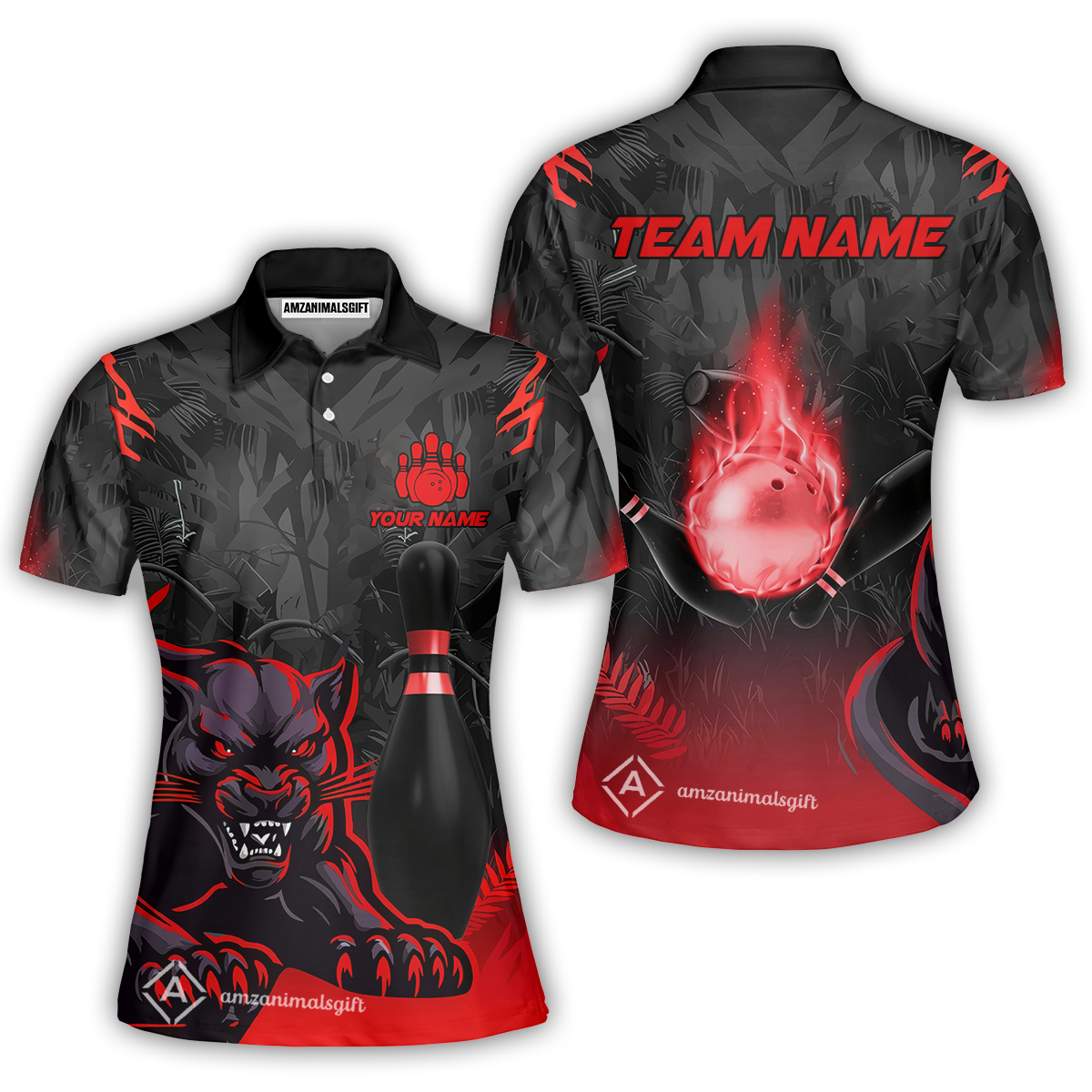 Personalized Bowling Team Women Polo Shirt With Black Panther And Pin, Custom Name And Team Name For Bowlers