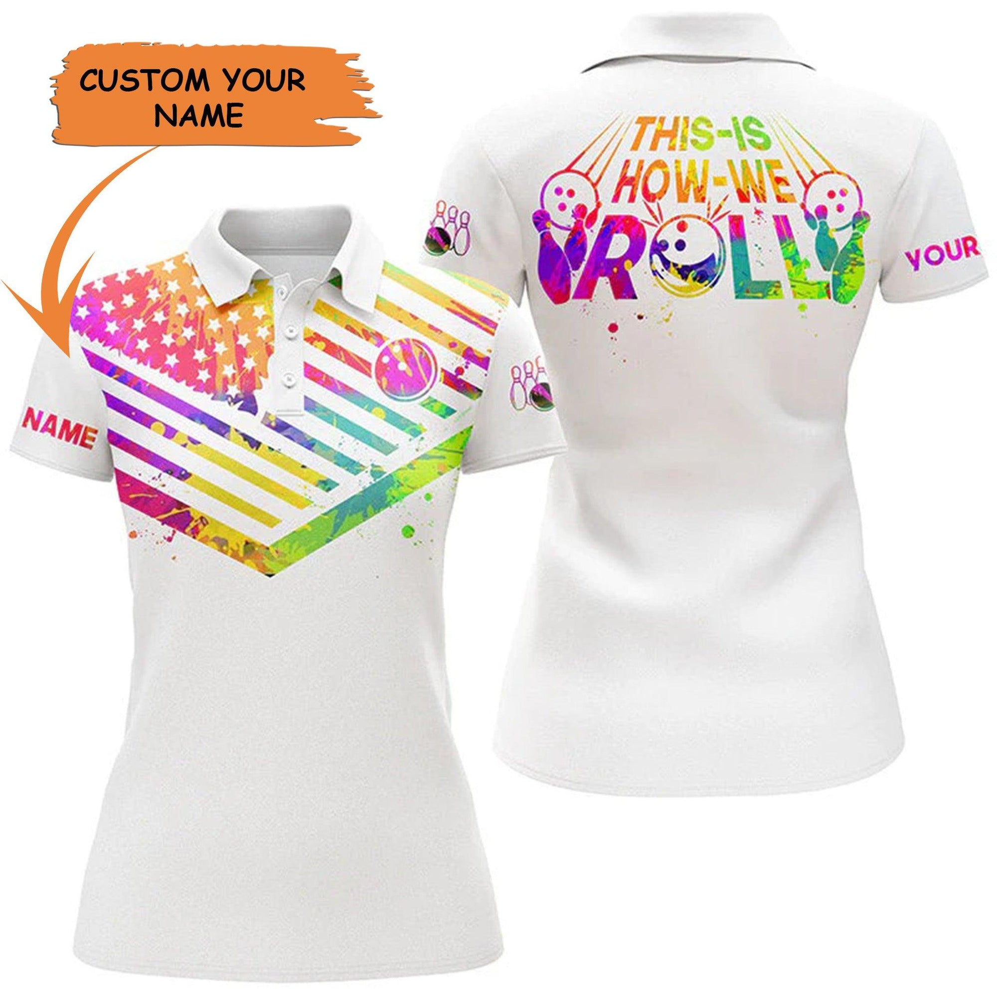 Personalized Bowling Women Polo Shirt, Bowling Watercolor American Flag Custom Name Short Sleeve Women Polo Shirt - Perfect Gift For Women, Ladies - Amzanimalsgift