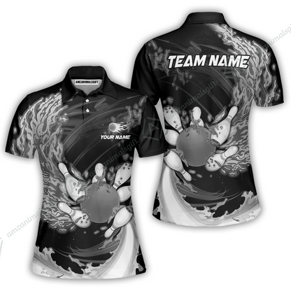 Personalized Bowling Women Polo Shirt Breath Of Flaming Bowling Ball And Pins Multicolor Custom Name, Team Name For Bowlers