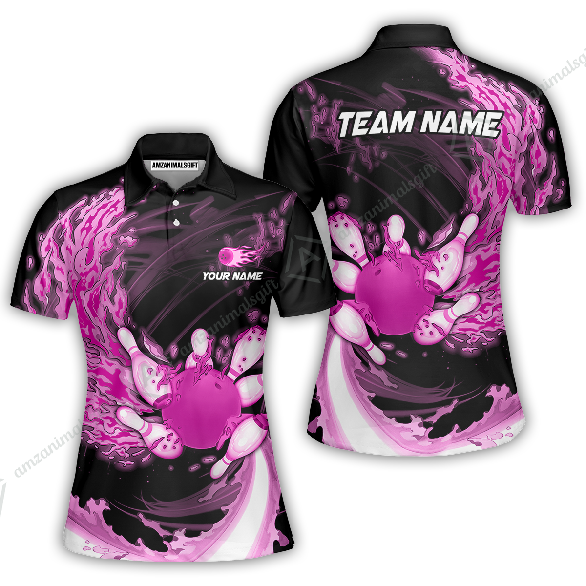 Personalized Bowling Women Polo Shirt Breath Of Flaming Bowling Ball And Pins Multicolor Custom Name, Team Name For Bowlers