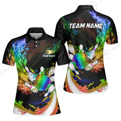 Personalized Bowling Women Polo Shirt Breath Of Flaming Bowling Ball And Pins Multicolor Custom Name, Team Name For Bowlers
