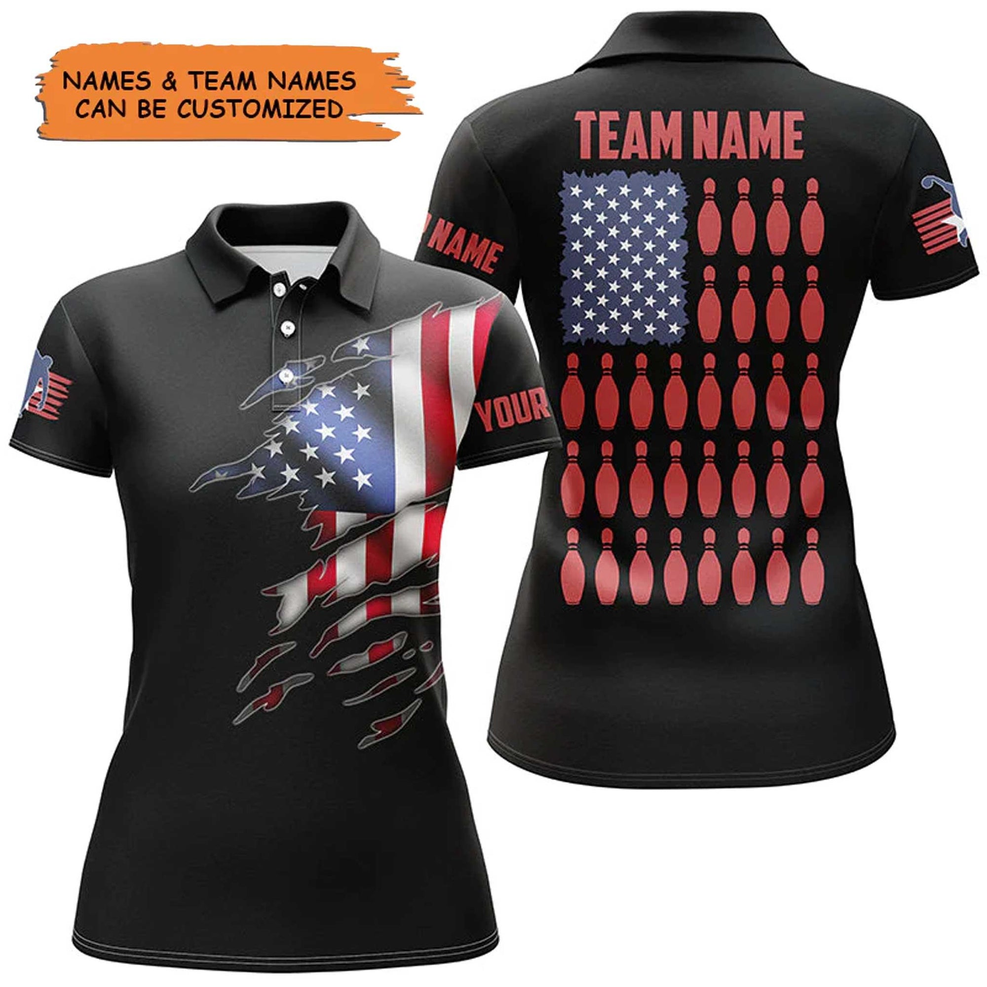 Personalized Bowling Women Polo Shirt - Custom Name American Flag Black Bowling Polo Shirt - Gift For Friend, Family, Bowling Lovers - Amzanimalsgift