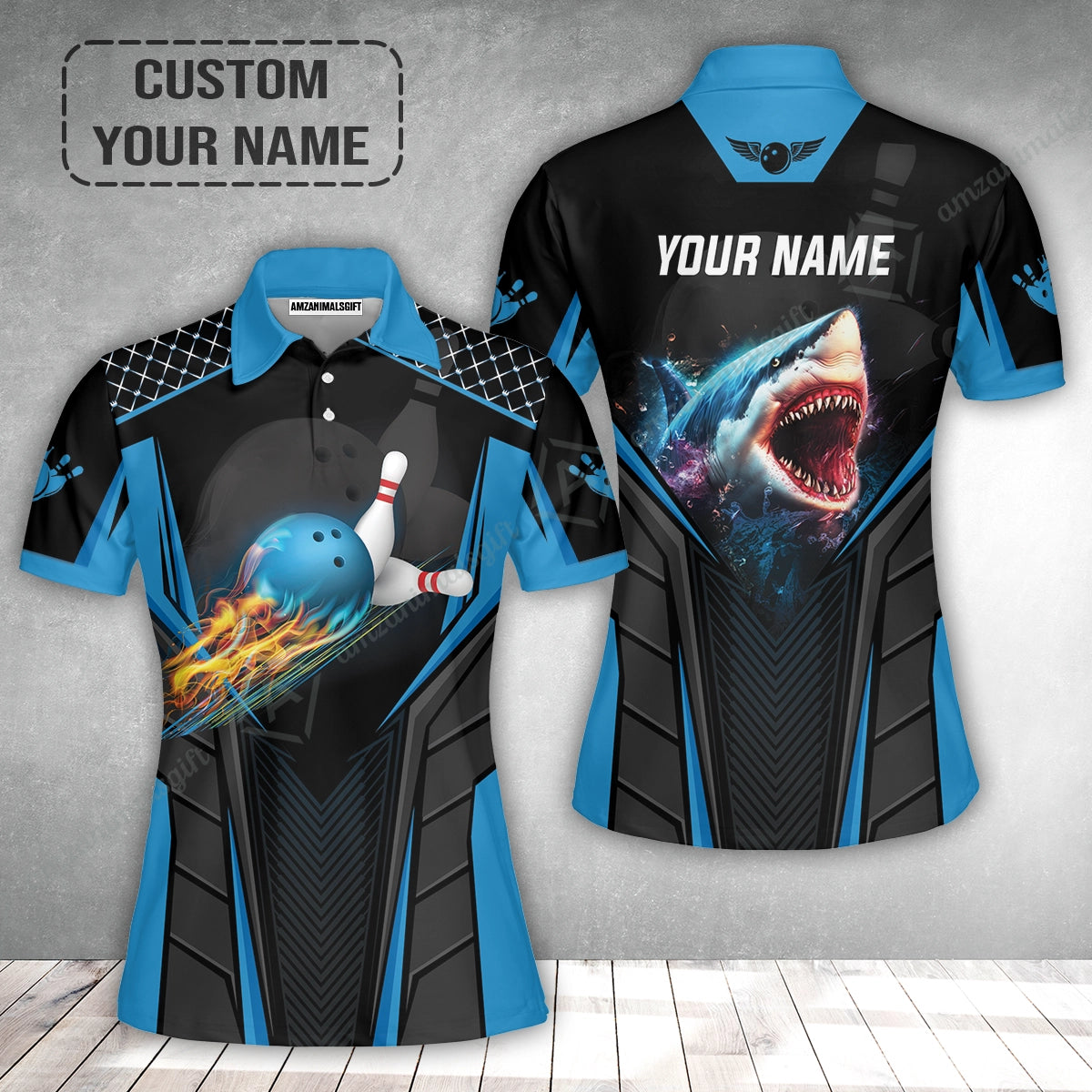 Personalized Bowling Women Polo Shirt, Shark Team Blue Bowling Ball Customized Shirt For Friend, Family, Bowling Players