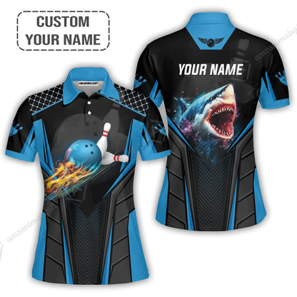 Personalized Bowling Long Sleeve Polo Shirt, Shark Team Blue Bowling Ball Customized Shirt For Friend, Family, Bowling Players