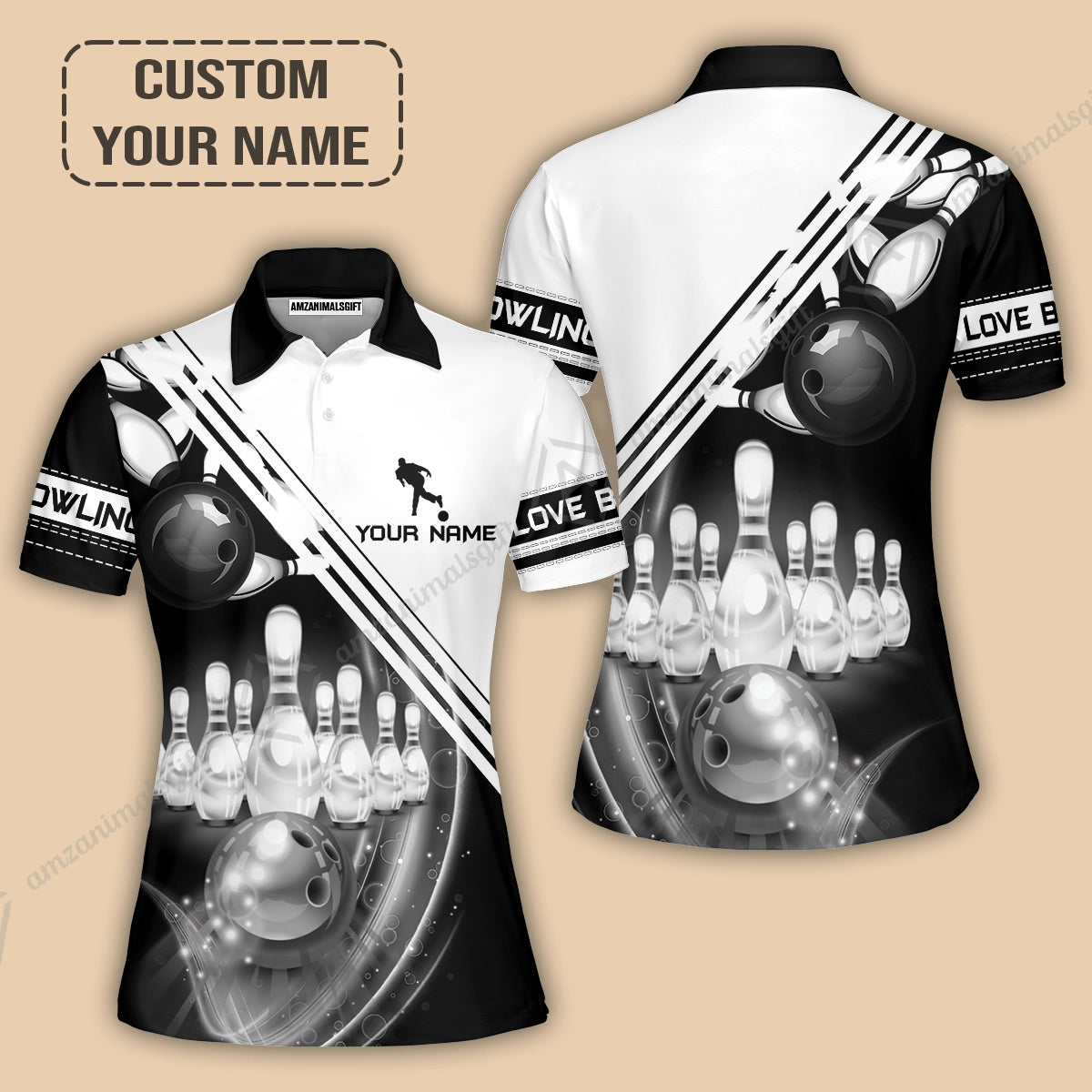 Personalized Bowling Women Polo Shirt, Black And White Bowling The Pins And Ball Shirt For Friend, Family, Bowling Lovers