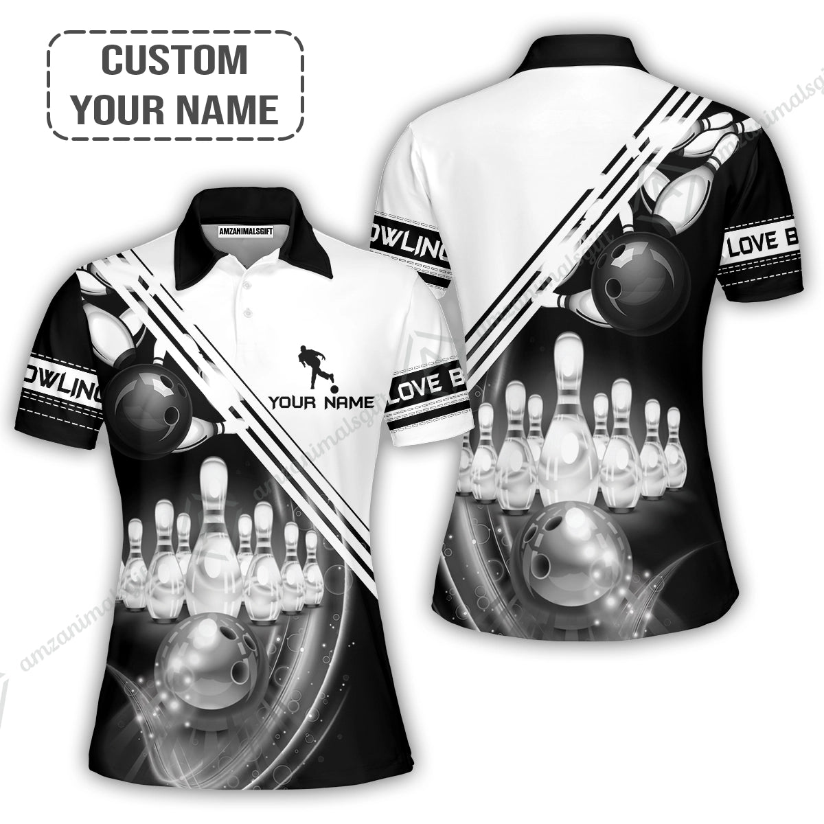 Personalized Bowling Women Polo Shirt, Black And White Bowling The Pins And Ball Shirt For Friend, Family, Bowling Lovers