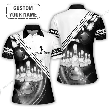 Bowling T shirt Custom Name - Black And White Bowling Ball In Motion And The Pins Personalized T-shirt - Gift For Friend, Family, Bowling Lovers