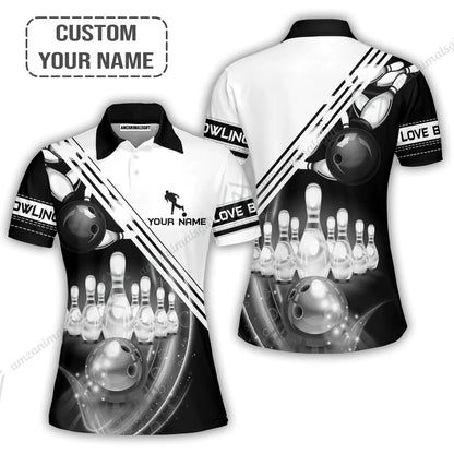 Personalized Bowling Jersey, Black And White Bowling The Pins And Ball Customized Shirt For Friend, Family, Bowling Lovers