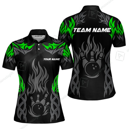 Personalized Bowling Team Women Polo Shirt, Tribal And Bowling Flame Multi Option Customized Polo Shirt - Black