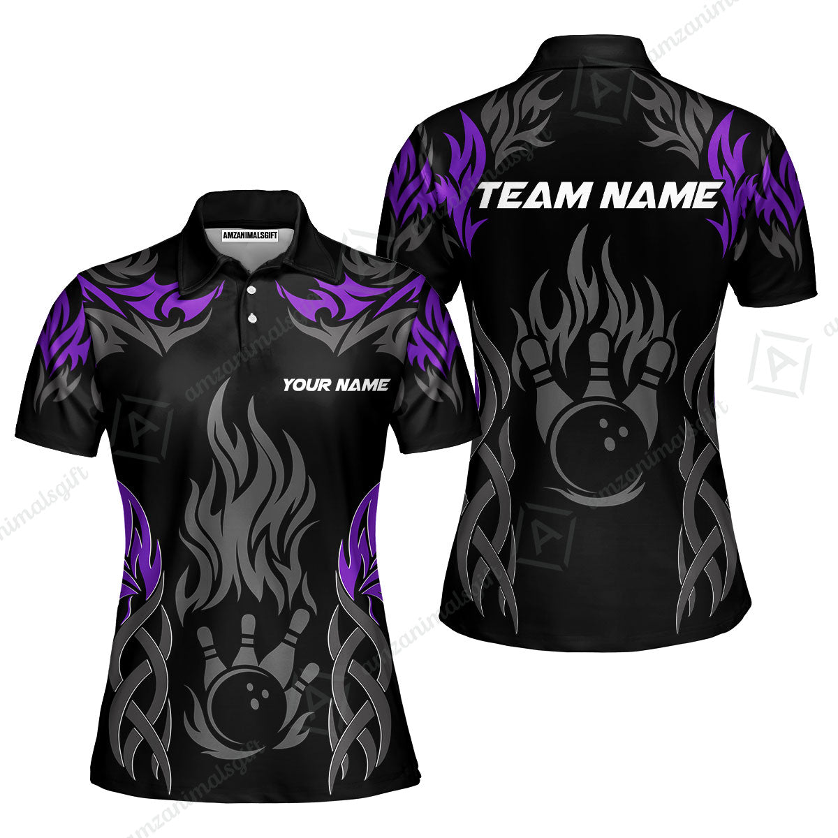 Personalized Bowling Team Women Polo Shirt, Tribal And Bowling Flame Multi Option Customized Polo Shirt - Black