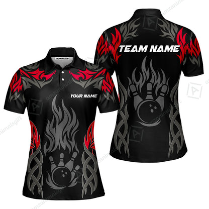 Personalized Bowling Team Women Polo Shirt, Tribal And Bowling Flame Multi Option Customized Polo Shirt - Black