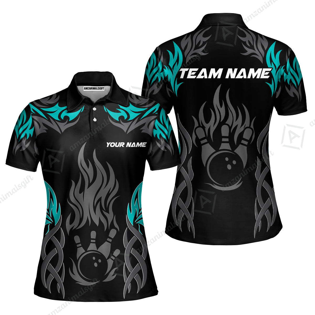 Personalized Bowling Team Women Polo Shirt, Tribal And Bowling Flame Multi Option Customized Polo Shirt - Black