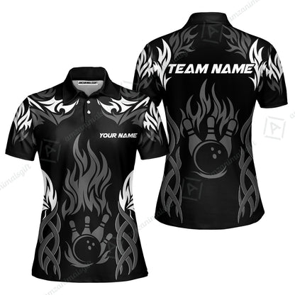 Personalized Bowling Team Women Polo Shirt, Tribal And Bowling Flame Multi Option Customized Polo Shirt - Black