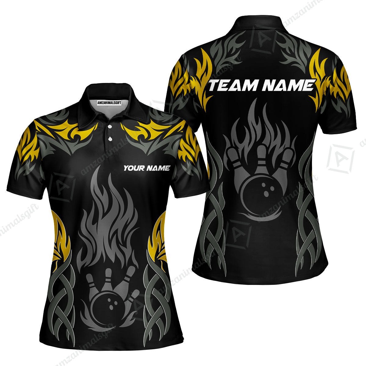 Personalized Bowling Team Women Polo Shirt, Tribal And Bowling Flame Multi Option Customized Polo Shirt - Black
