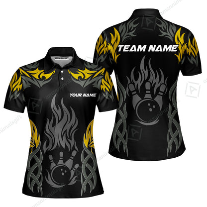 Personalized Bowling Team Women Polo Shirt, Tribal And Bowling Flame Multi Option Customized Polo Shirt - Black