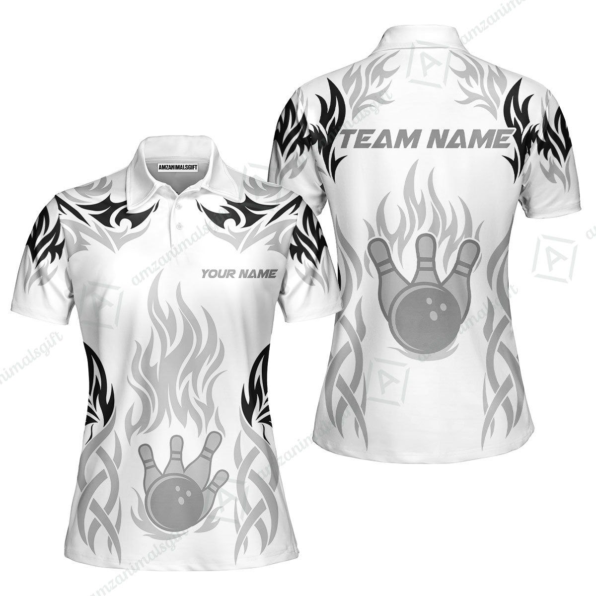 Personalized Bowling Team Women Polo Shirt, Tribal And Bowling Flame Multi Option Customized Polo Shirt - White