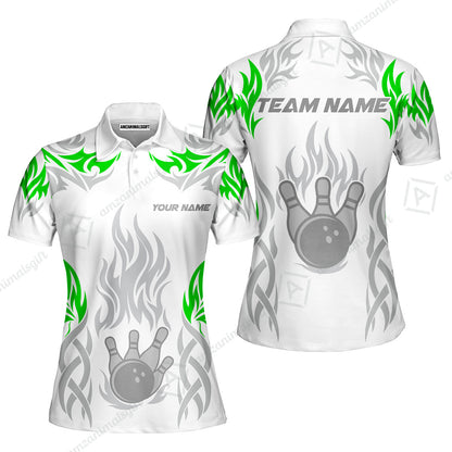 Personalized Bowling Team Women Polo Shirt, Tribal And Bowling Flame Multi Option Customized Polo Shirt - White