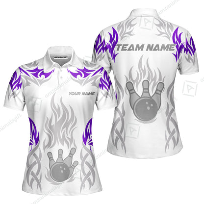 Personalized Bowling Team Women Polo Shirt, Tribal And Bowling Flame Multi Option Customized Polo Shirt - White