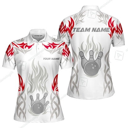 Personalized Bowling Team Women Polo Shirt, Tribal And Bowling Flame Multi Option Customized Polo Shirt - White