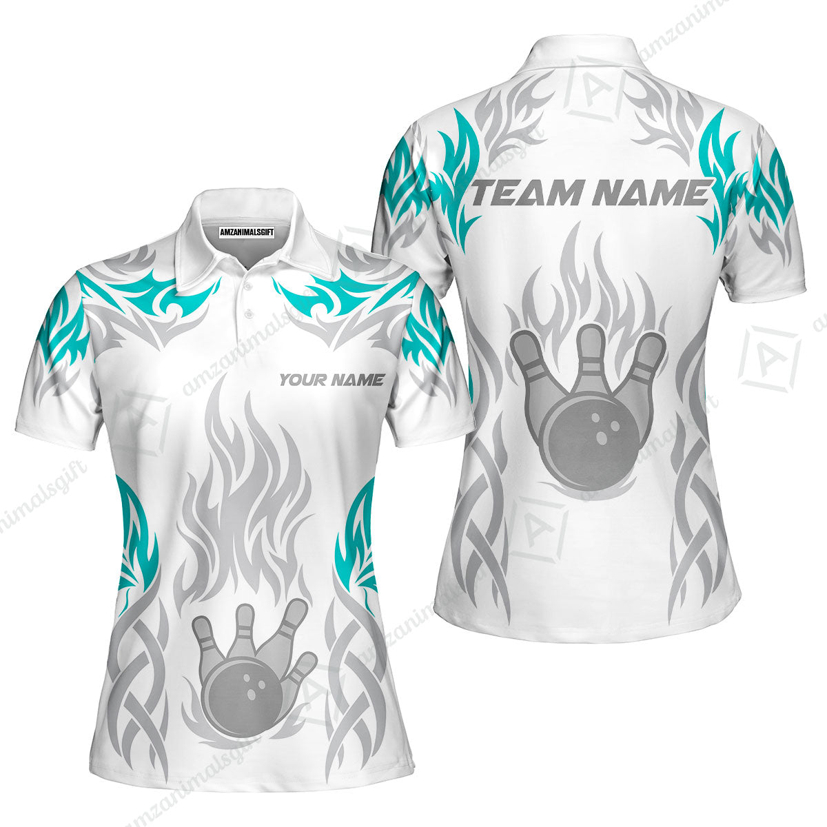 Personalized Bowling Team Women Polo Shirt, Tribal And Bowling Flame Multi Option Customized Polo Shirt - White