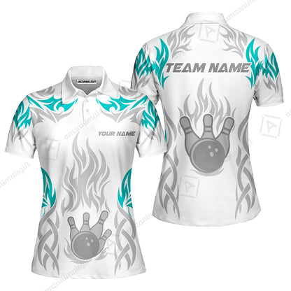 Personalized Bowling Team Women Polo Shirt, Tribal And Bowling Flame Multi Option Customized Polo Shirt - White