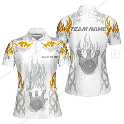 Personalized Bowling Team Women Polo Shirt, Tribal And Bowling Flame Multi Option Customized Polo Shirt - White