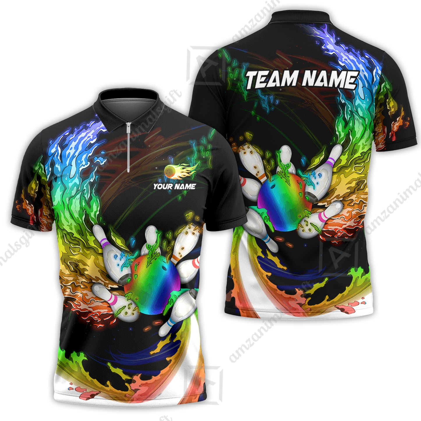 Personalized Bowling Team Quarter-Zip Polo Shirt Breath Of Flaming Bowling Ball & Pins Custom Name And Team Name For Bowlers